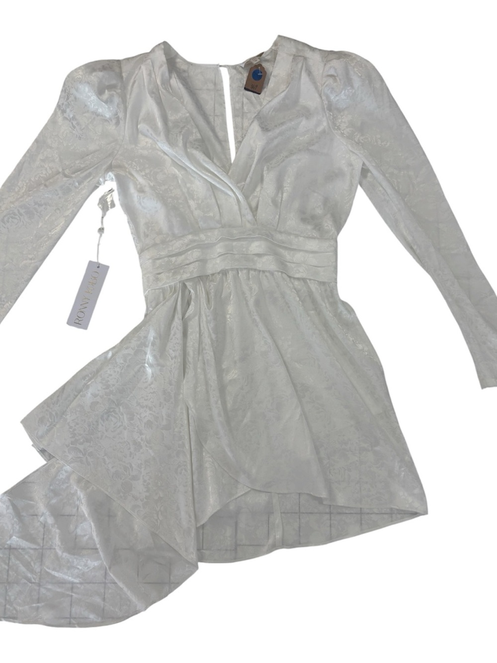 Ronny Kobo Collection White Satin Jacquard High-Low Wrap Dress